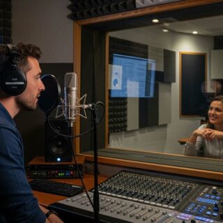 A voice actor performing inside a professional studio while a director guides him from behind the glass.