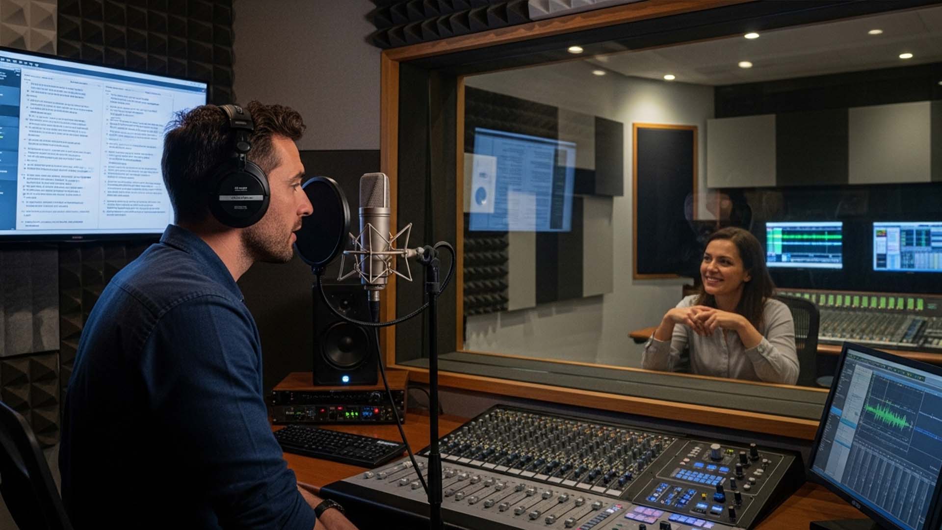 A voice actor performing inside a professional studio while a director guides him from behind the glass.